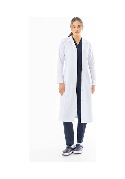 Spor Yaka Maxi Boy Kadın Doktor Önlüğü Alpaka Kumaş Beyaz Bko008 Beyaz