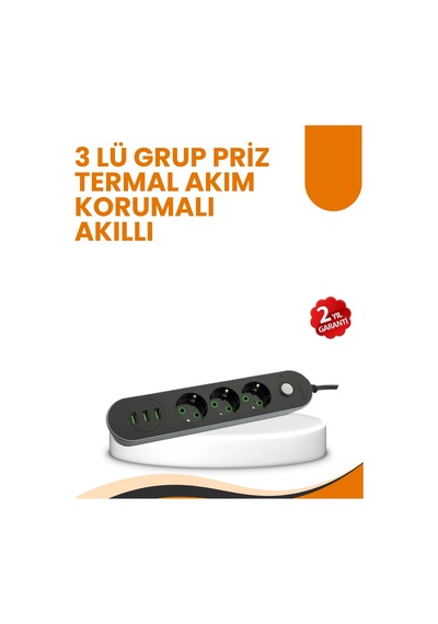 2 Metre Kablolu 3 Usb Portlu Anahtarlı Üçlü Priz Çok Renkli