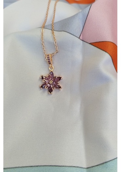 Ervanur Kadın Rose Altın Kaplama Mor Taşlı Tepelikli Lotus Çiçeği Kolye Mor