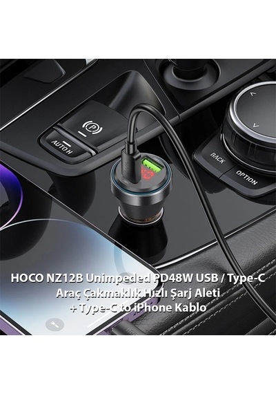Hoco Nz12b Unimpeded Pd48w Usb + Type-c Araç Çakmaklı Hızlı Şarj Aleti + Type-c To İphone Kablo- 5775