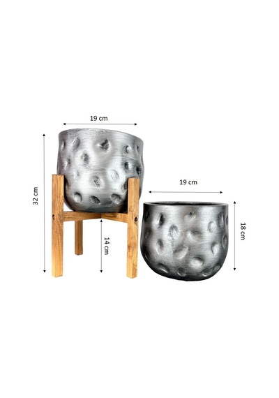 Bitki Tasarımı Ev Dekorasyon Aksesuar Gümüş Desenli Toprak Saksı Saksılık Salon Çiçeklik İkili Set 4 Ayaklı - Ayaksız 19 Cm