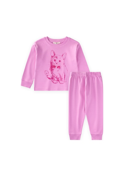 Cigit Kedi Baskılı Pijama Takım 2-8 Yaş Pembe Pembe
