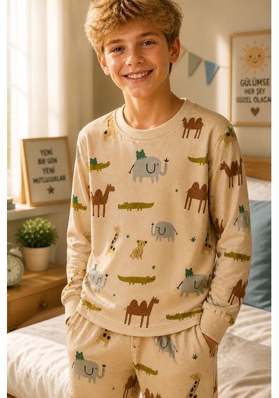 Durukoza %100 Pamuk 4 Mevsim Çocuk Pijama Takımı 8-13 Yaş Yumuşak Dokulu Açık Bej