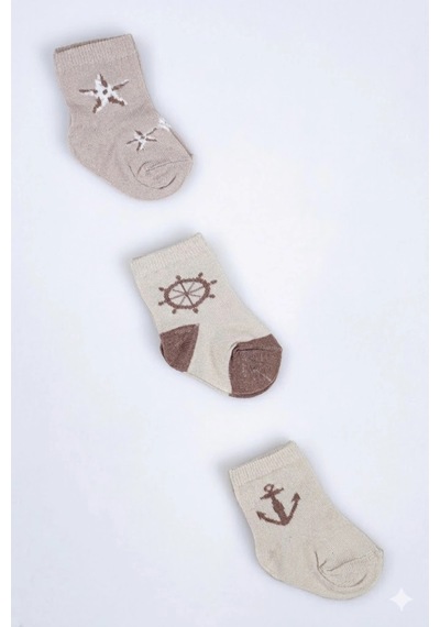 Cocole Socks Erkek Çocuk Soket Çorabı 3 Lü Set Pamuklu Bej Marin & Çapa Desenli Çok Renkli