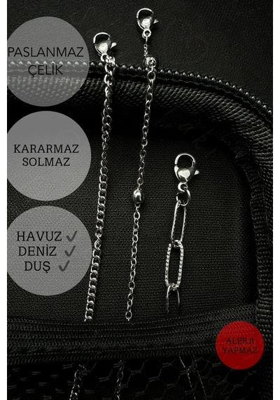 Üç Zincirli Çelik Bileklik Çelik Zincir Bileklik Kararma Yapmaz St Serisi Silver