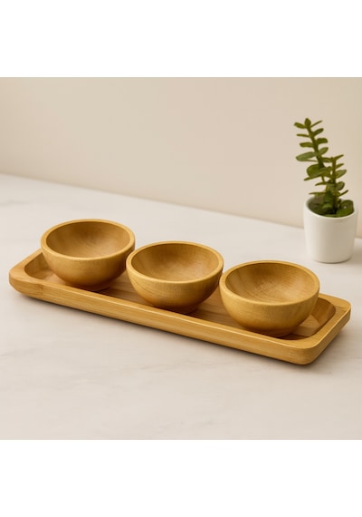 Bambu Lokumluk Ve Çerezlik Seti 3'lü Sunum Tepsili 6 Cm Çr