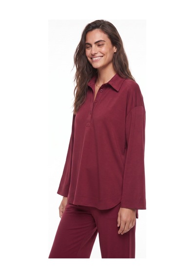 Onloox Kadın Bordo Bordo Modal Kumaş Polo Yaka Rahat Kesim Düğme Detaylı Alt Üst Takım