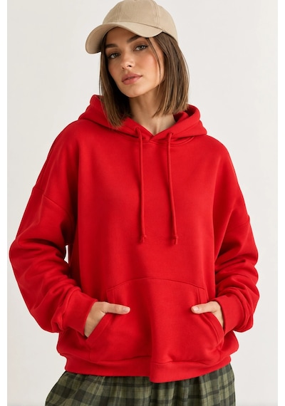 Mevese Taş İşlemeli Kanat Detaylı Kapüşonlu Rahat Kesim Kanguru Cepli Kadın Sweatshirt - Kırmızı
