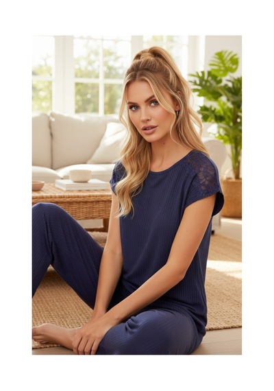 Siyah İnci Soft Touch İnce Mevsimlik Dantel Detaylı Örme Pijama Takım7864 Lacivert