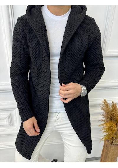 Elku Moda Elkumoda Hırka Kapüşonlu Örgü Triko Uzun Panço Hırka-HIRKA1862