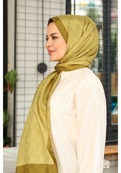 Premium Lux Original Monogram Şal İpek Vual, Yüksek Kalite, Hafif, Rahat, Şık, Tesettür, Shawl Yağ Yeşili