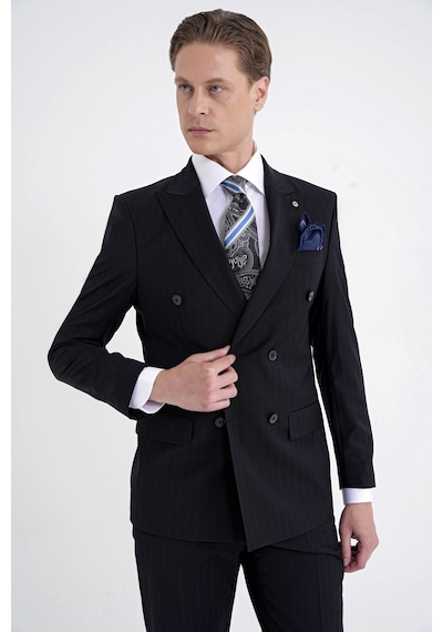 Efor Slim Fit Çift Yırtmaç %95 Pamuk Lacivert Çizgili Kruvaze Takım Elbise Tk 945