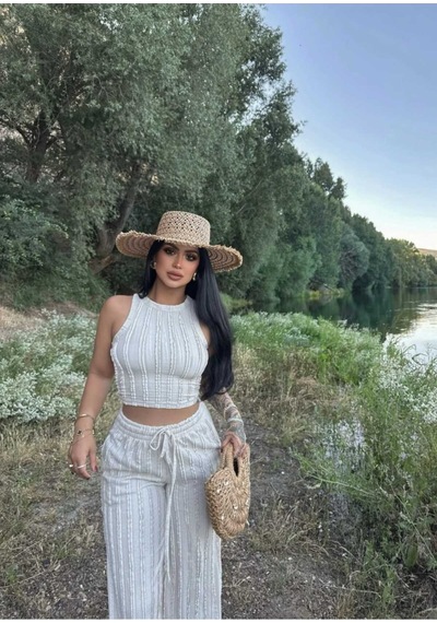 Evoa Kadın Bej Halter Yaka Crop & Bol Paça Pantolon Fırfır Detaylı Gagari Takım Bej Bej