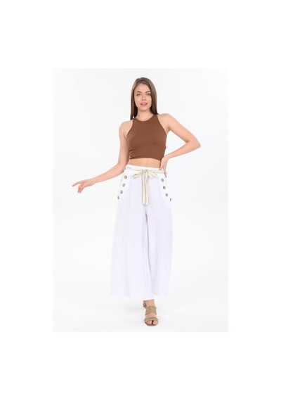 Eren Style İtalyan Korsajlı Düğme Detay Otantik Detay Kemerli Bol Paçalı Keten Pantolon-9888 Beyaz