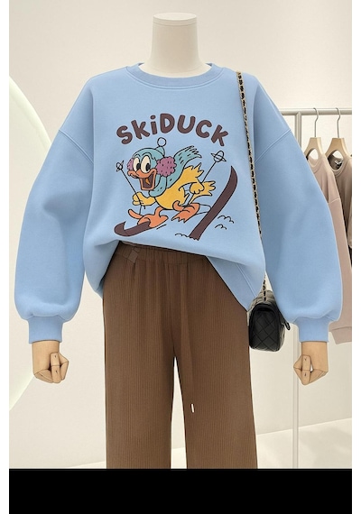 Benroma 3 İplik Penye Skiduck Baskılı Unisex Sweatshırt Bebe Mavisi
