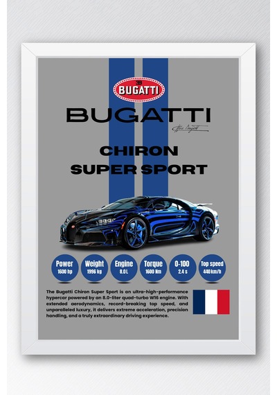 Bugatti Chiron Super Sport Araba Tablosu - Teknik Özellikli Otomobil Poster - Çerçeveli Duvar Dekoru Beyaz