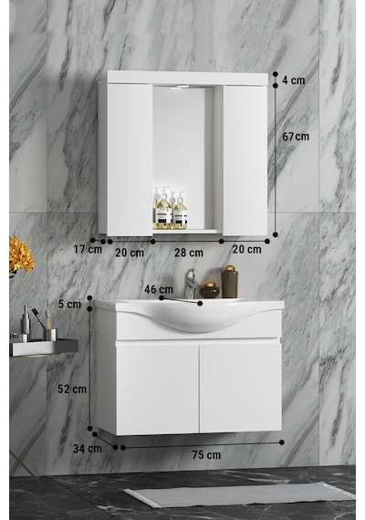 Yıldız Asma 75 Cm Beyaz Mdf Seramik Lavabolu Banyo Dolabı Takımı Beyaz Yıldız Asma 75 Cm Beyaz Mdf Seramik Lavabolu Banyo Dolabı Takımı Beyaz