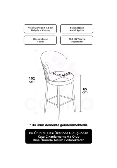 Canisa Alte Serisi 65 Cm Gri Ada Mutfak Bar Sandalyesi Babyface Kumaş Beyaz Metal Ayaklı Sandalye Gri Ayaklar Beyaz