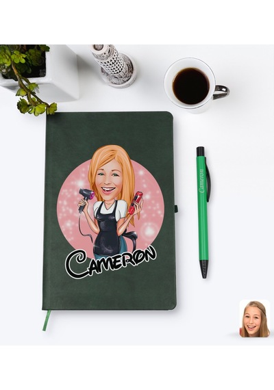 Kişiye Özel Kadın Kuaför Karikatürlü Yeşil Termo Deri Defter Kale N11.2954