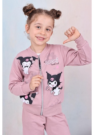 Karakter Baskılı Penye Ceketli - Penye Sweatshirt - Penye Pantolonlu Kız Çocuk 3lü Takım Gül Kurusu