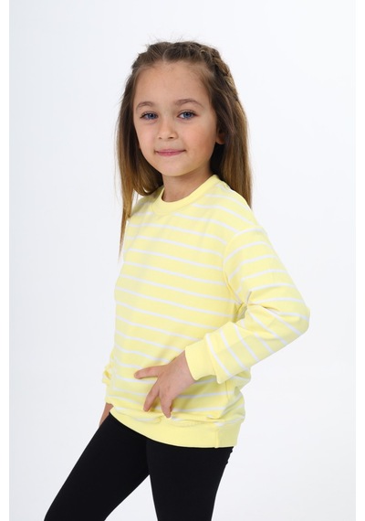 Kız Çocuk Regular Fit Bisiklet Yaka Düşük Omuz Çizgili Sweatshirt - 2 İplik Açık Sarı