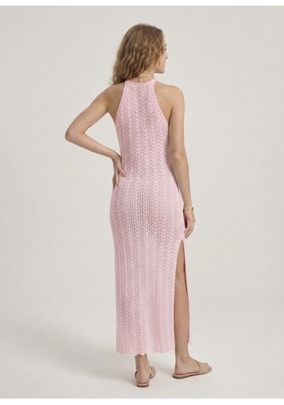 Neden Tekstil Kadın Ajurlu Halter Yaka Yırtmaçlı Uzun Beachwear Elbise - Plaj Elbisesi - Açık Pembe
