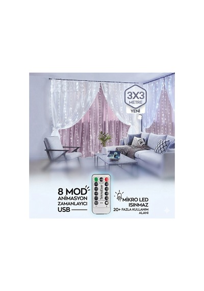 3x3 Metre Kumandali Beyaz Peri Led Perde Isik 8 Fonksiyonlu Zamanlayicili Animasyonlu Usb