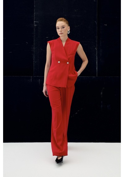 Sateen Anna Çizgili Pantolon - Kırmızı-137093 Kırmızı