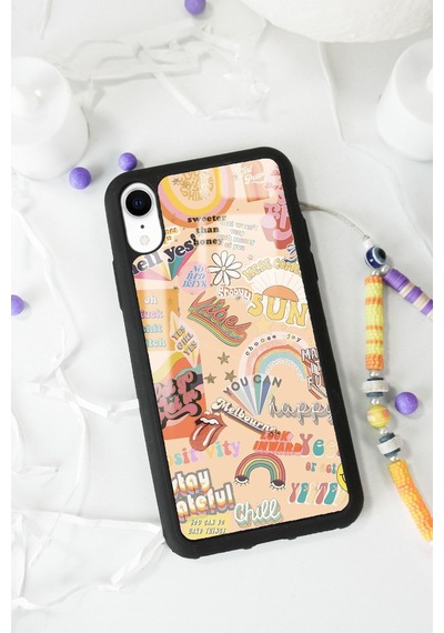 Apple Uyumlu iPhone Xr Vintage Sticker Tasarımlı Glossy Telefon Kılıfı Çok Renkli
