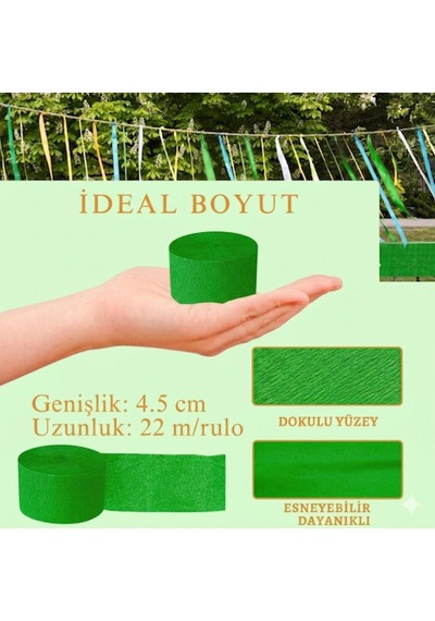 Çimen Yeşili Şerit Krapon Kağıdı Rulosu, Çiçek Yapım, El İşi Süsleme Kağıdı, 6 Adet, 4.5cm X 22metre