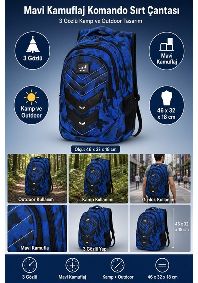 Komando Sırt Çantası Mavi Kamuflaj 3 Gözlü Kamp Ve Outdoor 46x32x18 Cm Çok Renkli