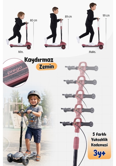 Prego Veyron Bluetoothlu Müzikli Işıklı Çocuk Scooter Katlanabilir - Yükseklik Ayarlı Bordo