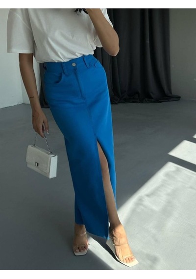 Gabardin Uzun Önden Yırtmaçlı Etek - Saks Saks