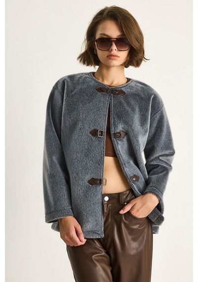 Shade Kadın Deri Toka Detaylı Astarlı Yün Dokulu Kısa Kaban 7022 60284077 - Füme