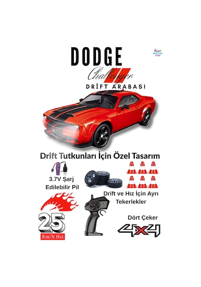 25 Km/h Hız Yapan Dodge Challenger Görünümlü Şarjlı 2.4 Ghz Uzaktan Kumandalı Drift Araba Kırmızı
