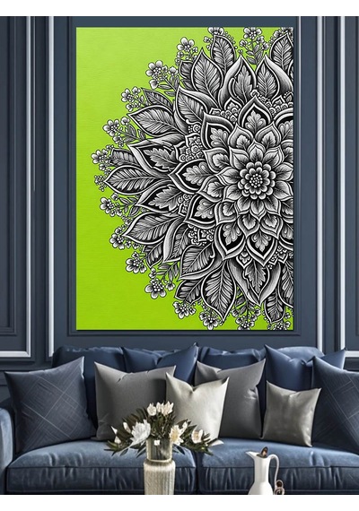 Yeşil Siyah Mandala Deseni Dekoratif Kanvas - Mdf Ahşap Tablo