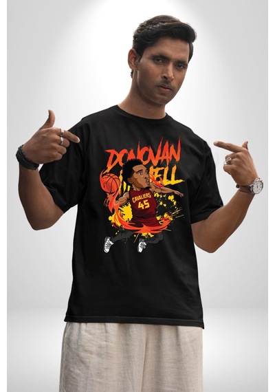 Donovan Mitchell Basketbol Karikatür Pamuklu Bisiklet Yaka Unisex Oversize Boyfriend Dijital Baskılı Siyah T-shirt Siyah