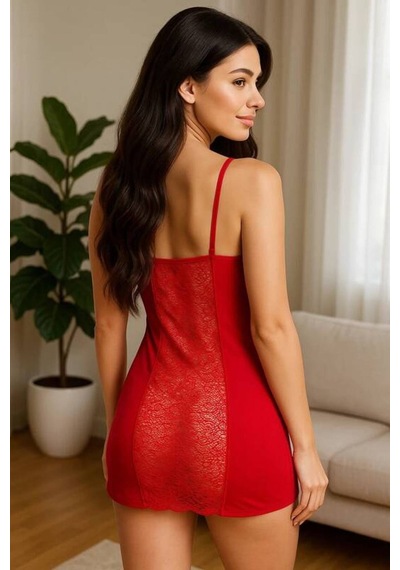 Venlisa Dantelli Sırt Tasarımlı İnce Askılı Mini Gecelik Kırmızı