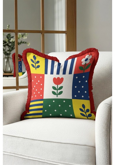 Modern Çiçekli Patchwork Renkli Saçaklı Yastık Kılıfı - Geometrik Mavi Bordo Püsküllü Kırlent Kılıfı Serin Esinti Nektar