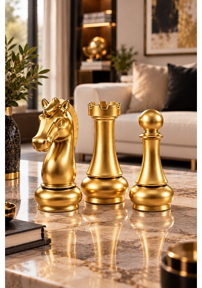 3 Lü Gold Satranç Taşı Dekoratif Biblo Seti 22 Cm Lüks Modern Ev Ve Ofis Dekoru
