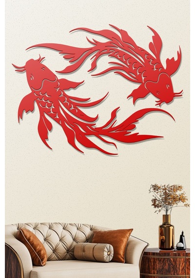 Koi Balıkları Metal Duvar Tablosu - Metal Duvar Sanatı - Kırmızı - 75 X 55 Cm