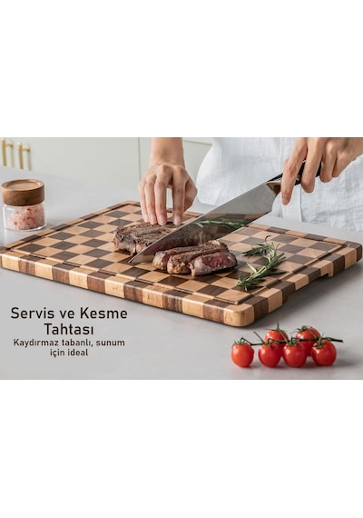 Valkyrie Doğal Akasya Ahşap Kesme Tahtası 43x33 Cm Kaydırmaz Tabanlı, Profesyonel Servis & Sunum Tahtası