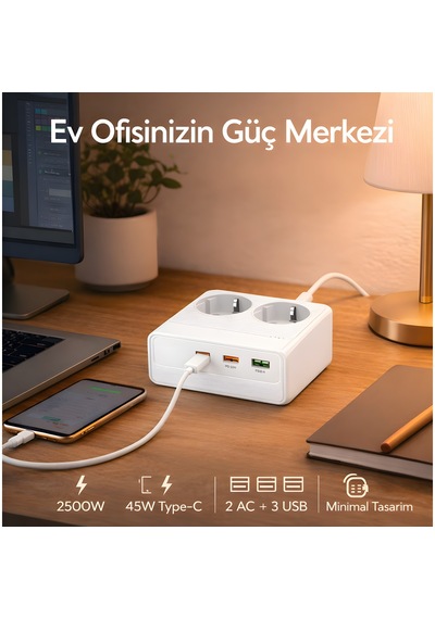 2500w 2 Li Akım Korumalı Priz + 30w Pd Type-c Hızlı Şarj 2 Ac + 3 Usb Çoklu Masaüstü Şarj İstasyonu 2