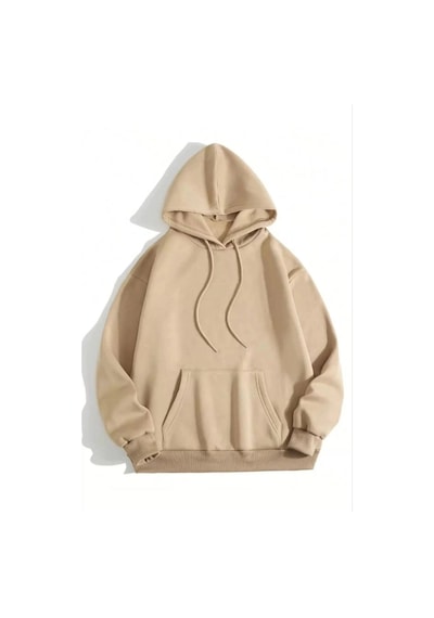 Mbb E-ticaret Kadın Kapüşonlu Kanguru Cepli 3 İplik Pamuklu Düz Hoodie Sweatshirt - Bej