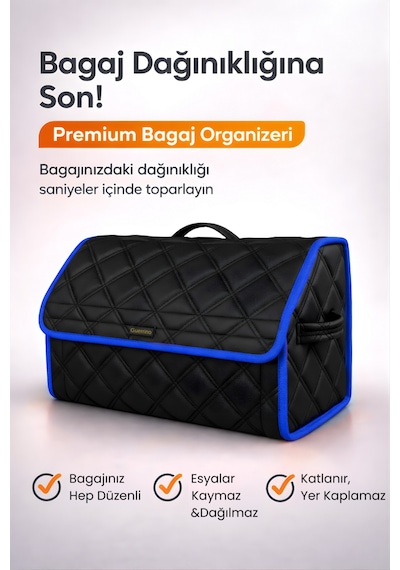 Bagaj Çantası Oto Bagaj Organizer Çift Kat Deri Su Geçirmez Kaymaz Katlanır - Siyah Mavi