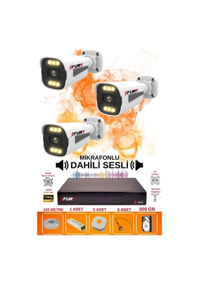 Fury 3 Lü Sesli 6 Warm Led Gece Renkli Görüş Su Geçirmez Güvenlik Kamerası Seti 500gb