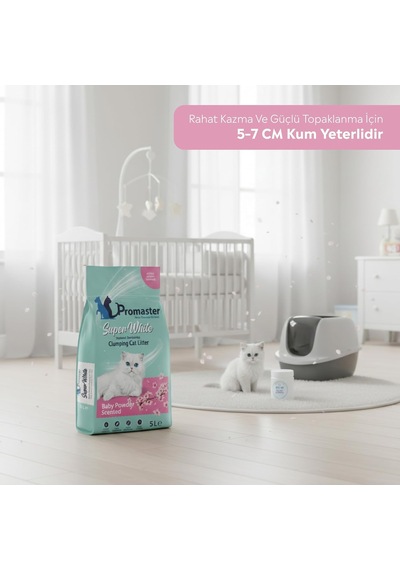 Süper Beyaz Doğal Bentonit Topaklanan Kedi Kumu Bebek Pudrası Kokulu 5 Lt