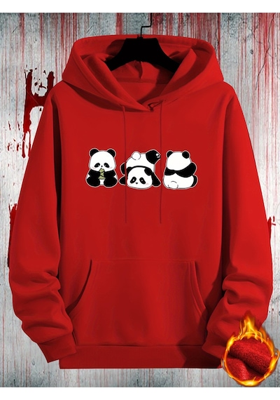 Uyguntarz Unisex Sevimli Pandalar Baskılı Oversize Sweatshirt Kırmızı