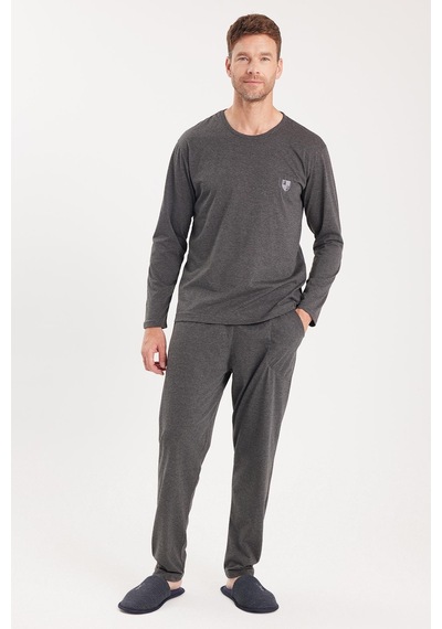 Tudors Erkek Standart Fit %100 Pamuk Bisiklet Yaka Beli Lastikli Antrasit Pijama Takımı-37937 Antrasit