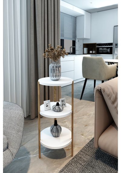 Beyaz Modern 3 Raflı Yuvarlak Yan Sehpa - Şık Tasarım Sunum Ünitesi